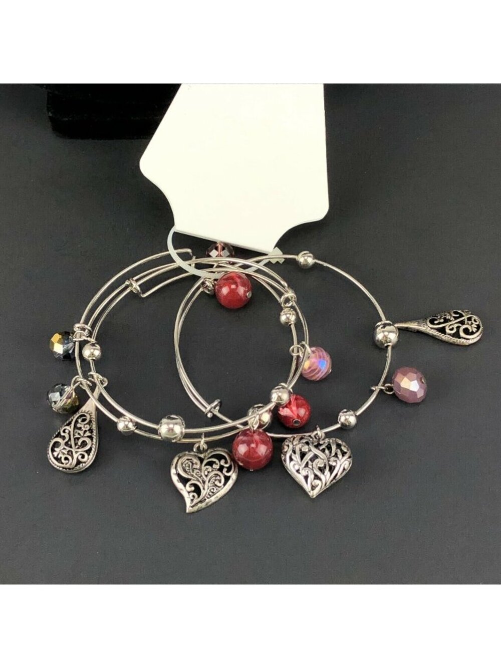 Kohl's Color Silver Tone Triple Bangle Charm Bracelet Filigree Hearts & Beads